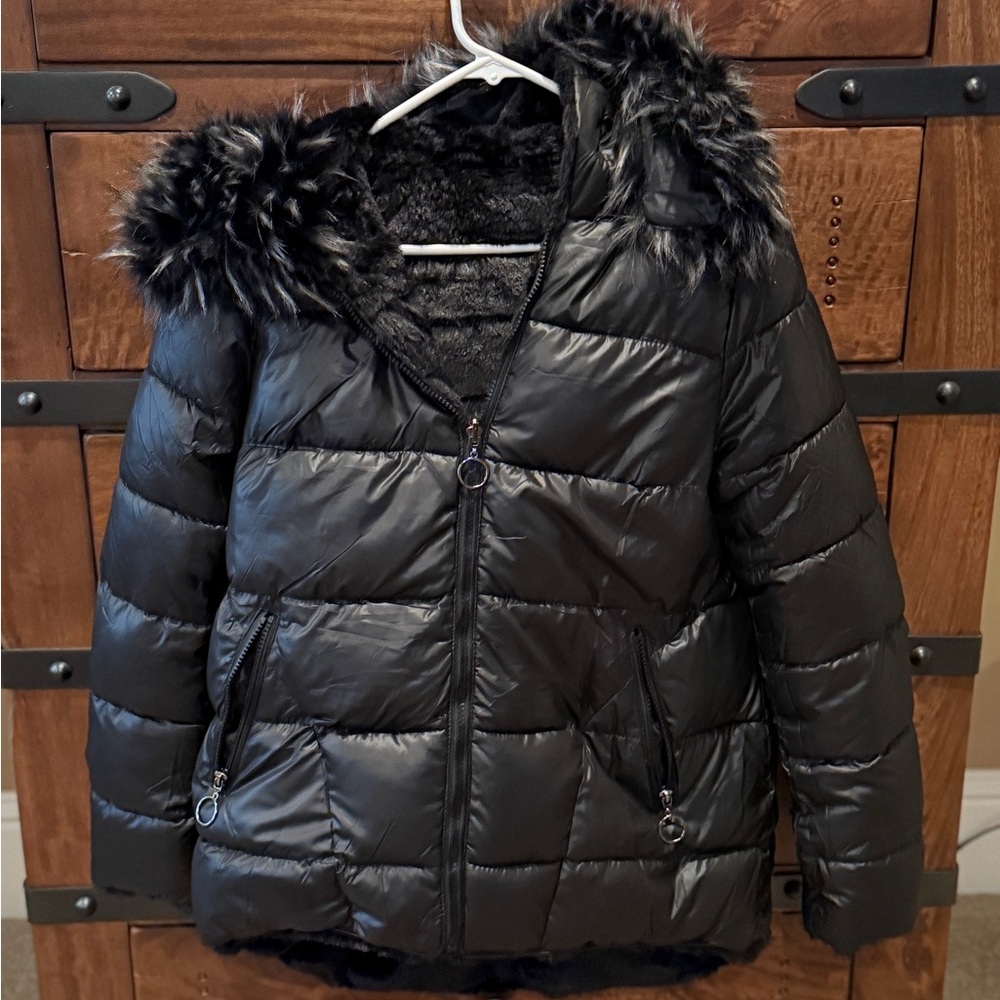 Puffer Jacket- reversible, with detachable fur lined hood.